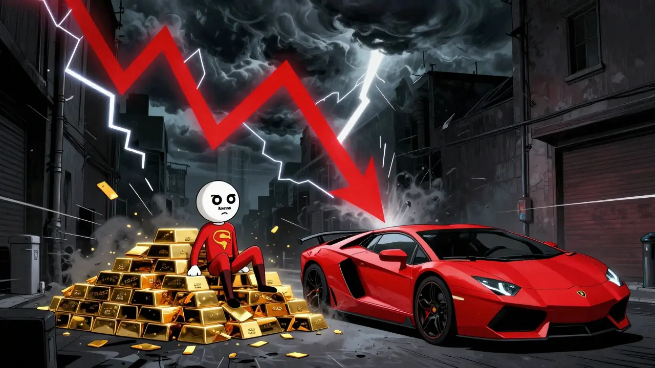 Comic art showing a man relaxing by a Lamborghini while charts crash.