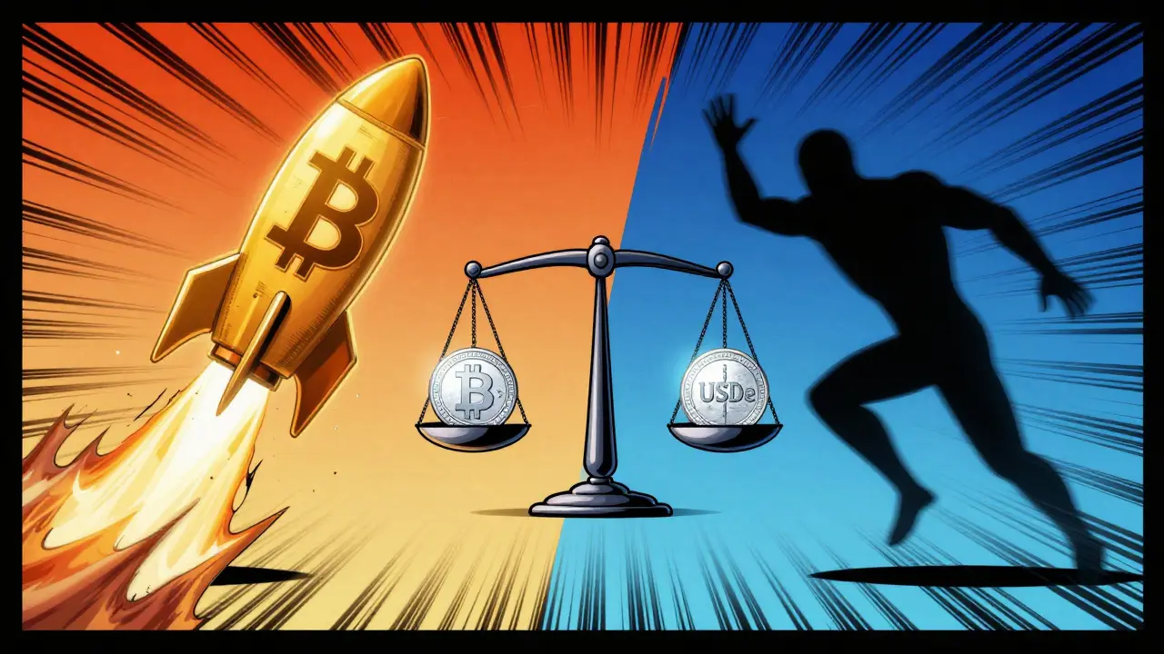 Comic art showing Bitcoin rising and short positions falling, balancing a USDe token.