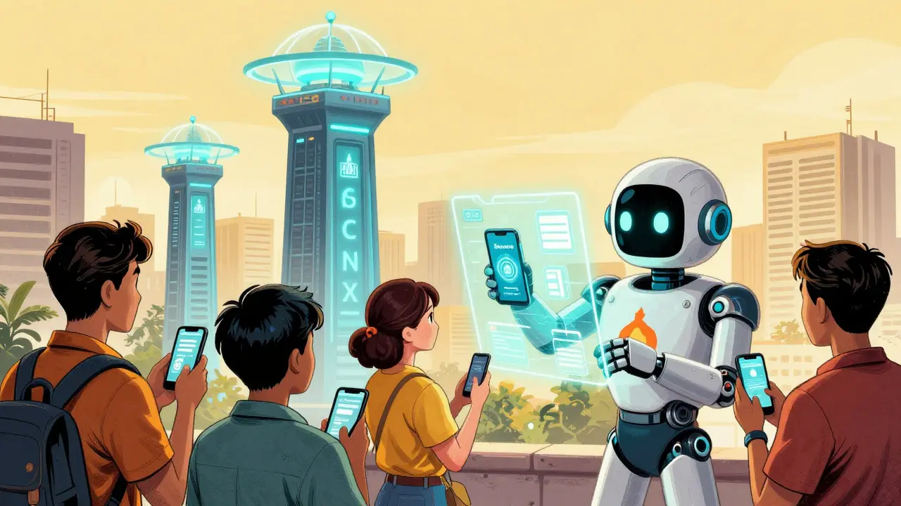 Comic art showing citizens using Project Bakong and licensed local exchanges.