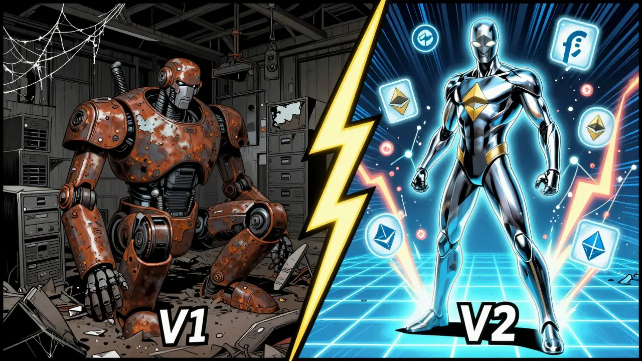 Comic art showing obsolete V1 token vs shiny new V2 token in split scene