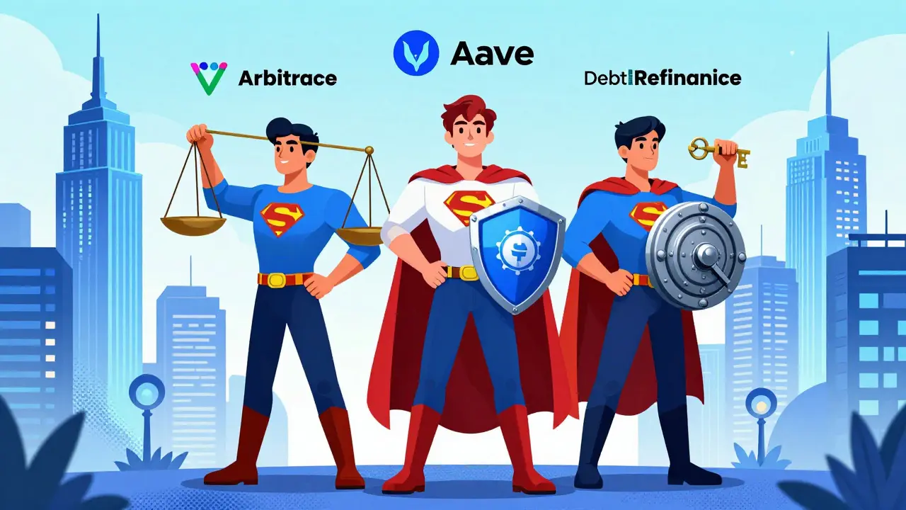 Comic art showing three heroes representing arbitrage, swapping, and refinancing strategies.