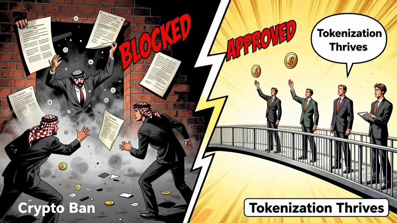 Comic art: Split screen showing crypto ban vs asset tokenization