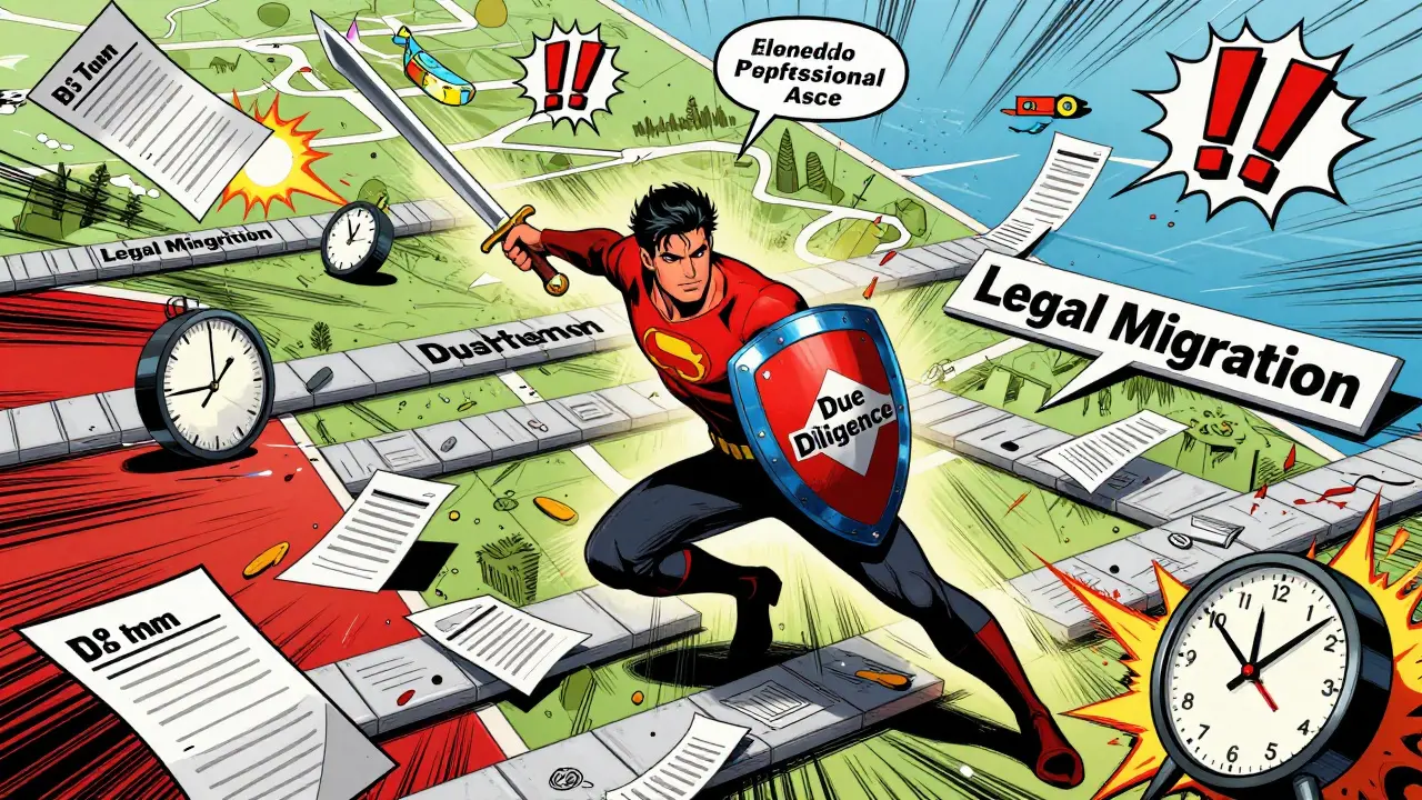 Comic book hero navigating legal obstacles with shields and swords