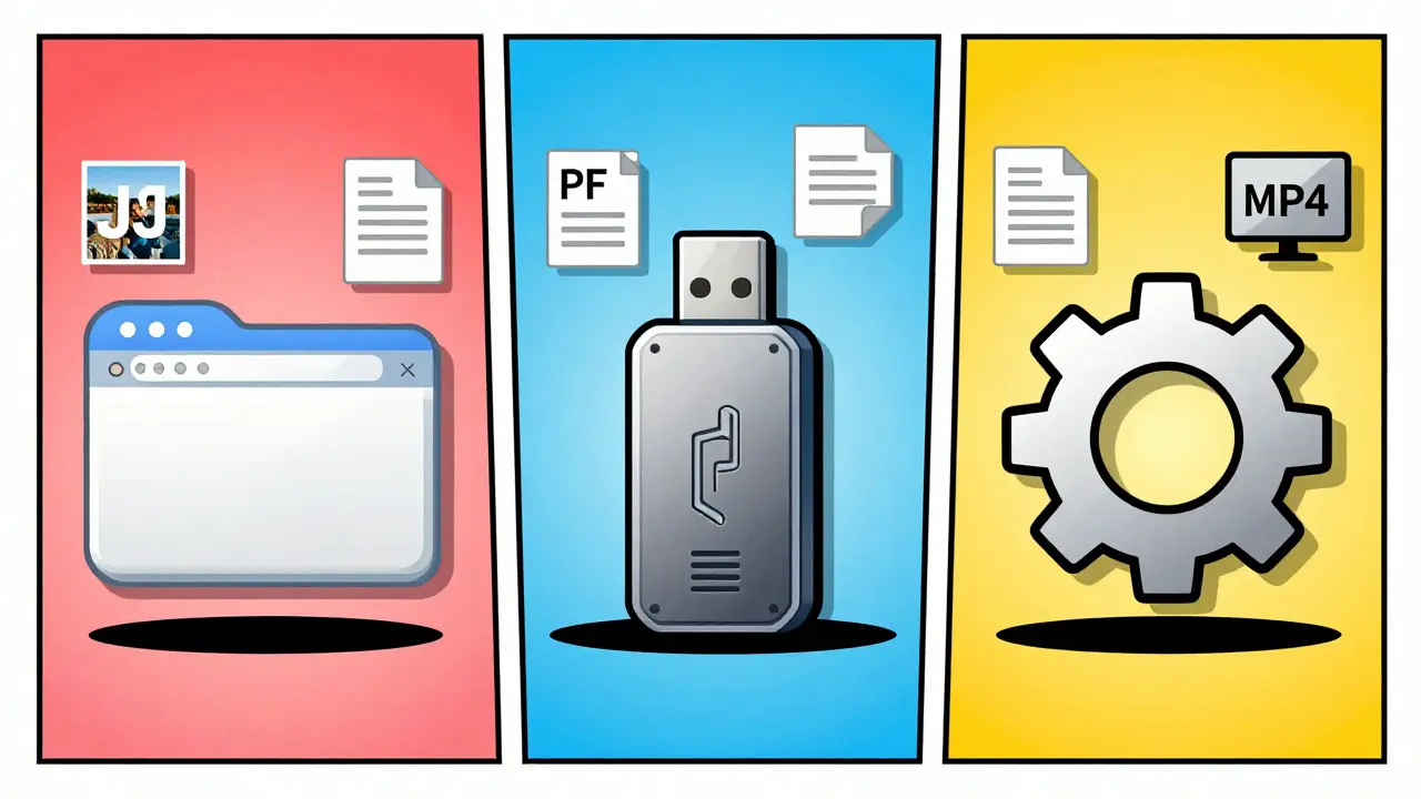 Comic illustration comparing browser, portable app, and OS tools for privacy