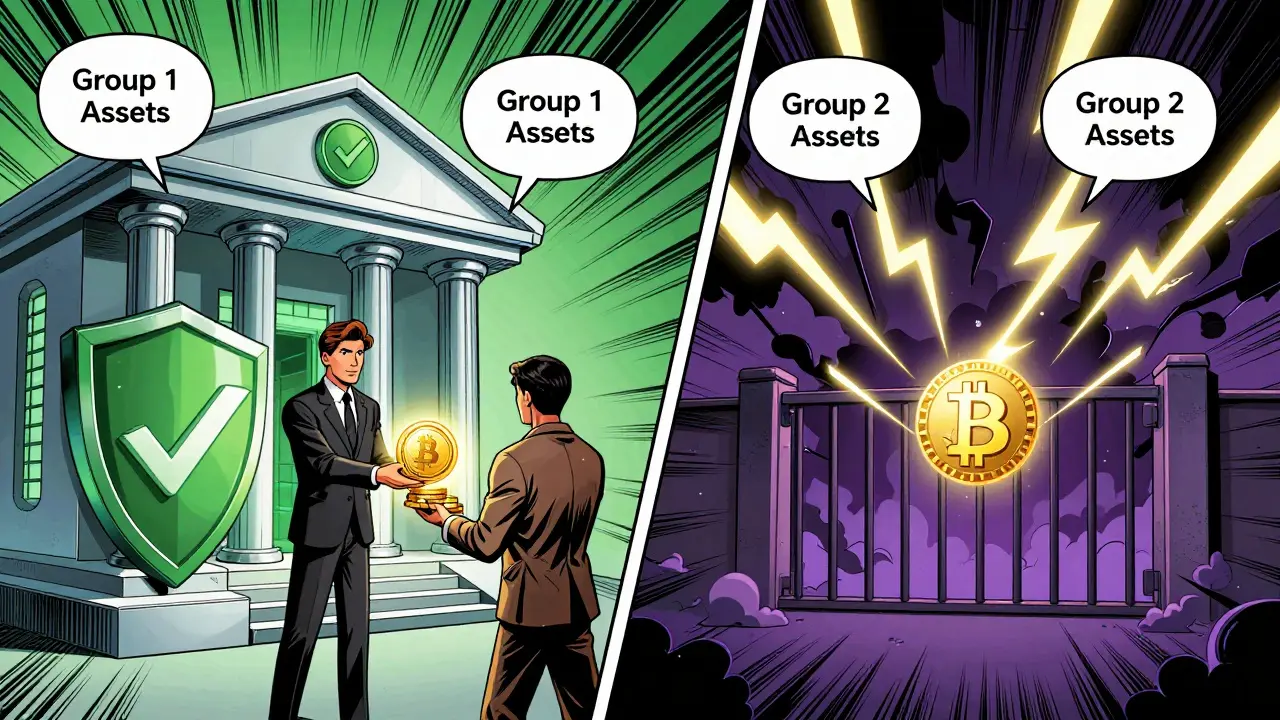 Comic illustration comparing safe regulated assets vs risky banned cryptocurrencies.