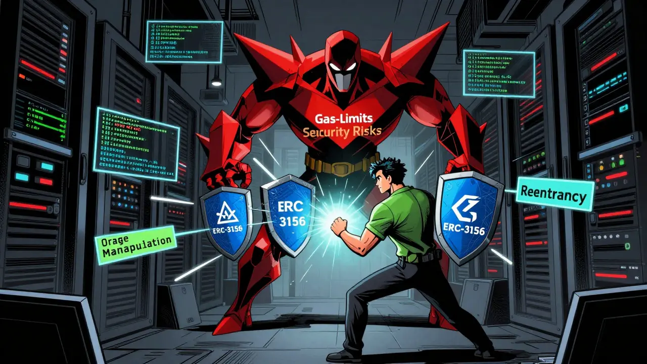 Comic illustration of a developer hero defending against gas limits and security risks.