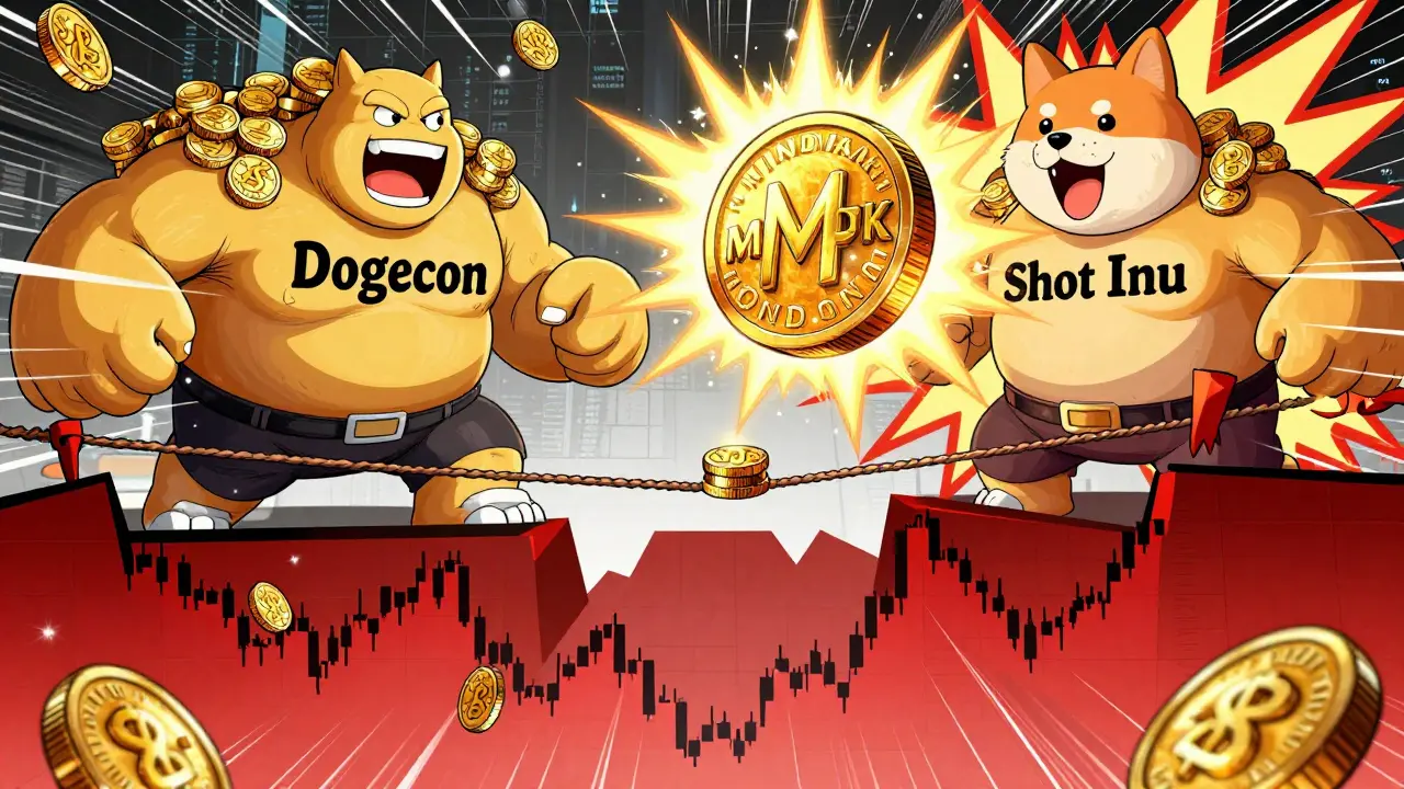 Comic illustration of a volatile MINDFAK coin balancing above a market crash abyss.