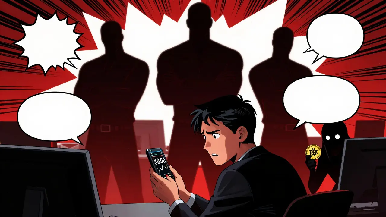 Comic illustration of investor confusion amid blocked crypto exchanges