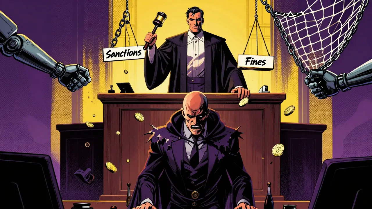 Comic illustration of legal consequences with a judge striking down sanctions on a defeated figure.