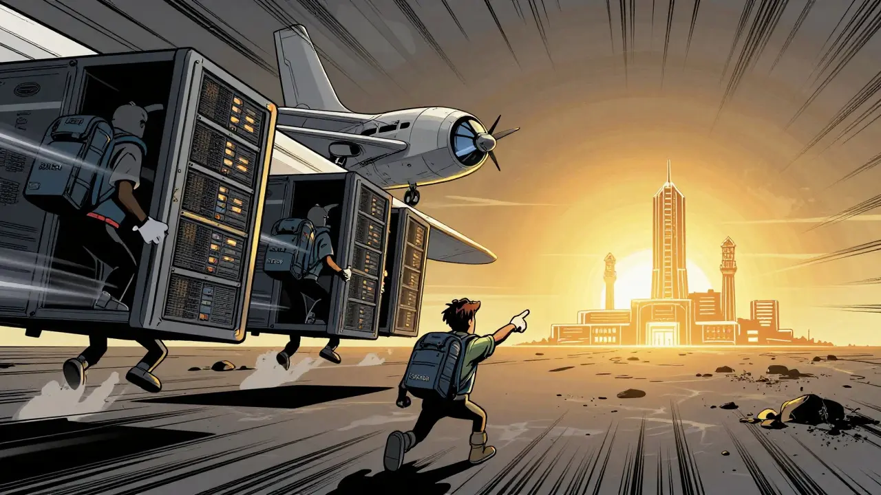 Comic illustration of mining servers moving to US facilities