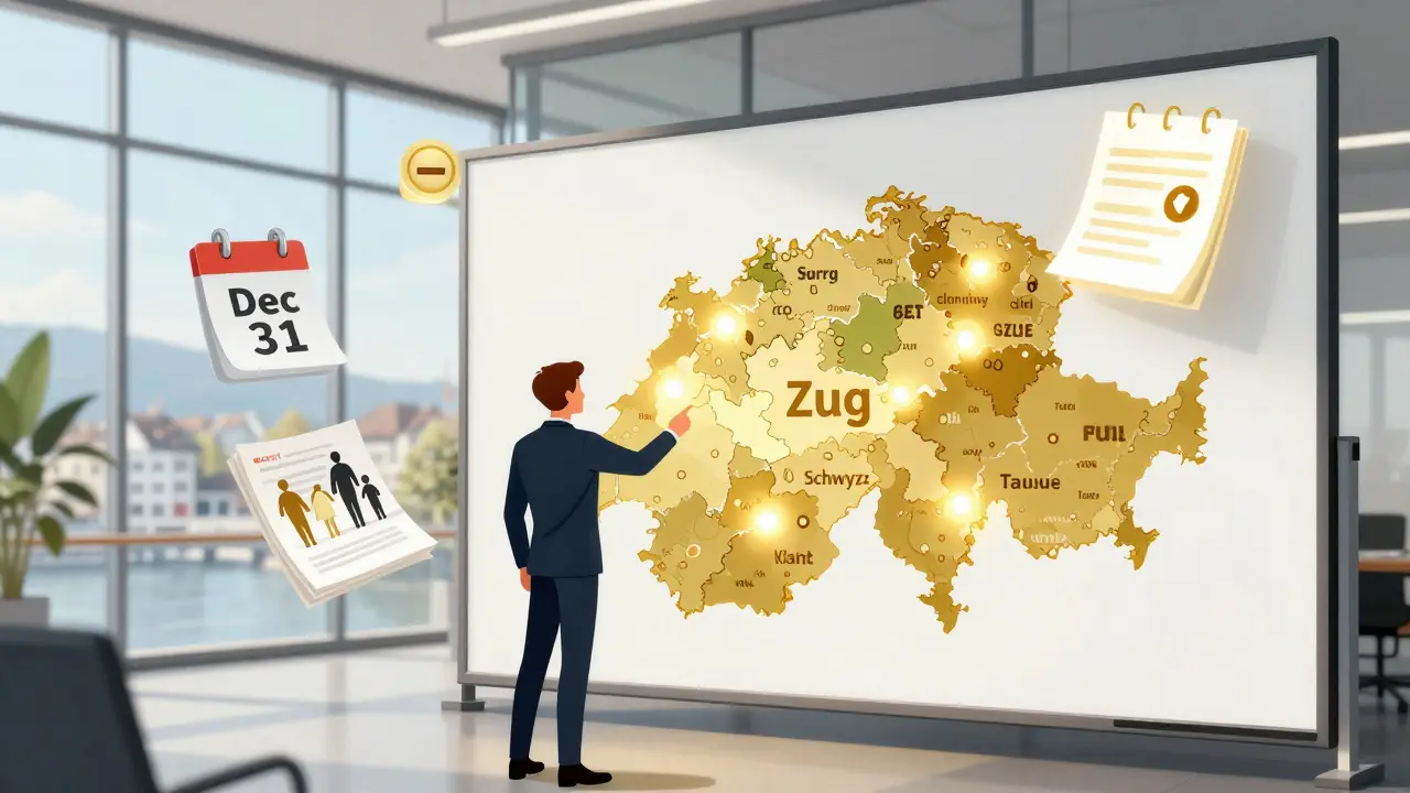 Comic illustration of strategic tax planning using Swiss canton differences