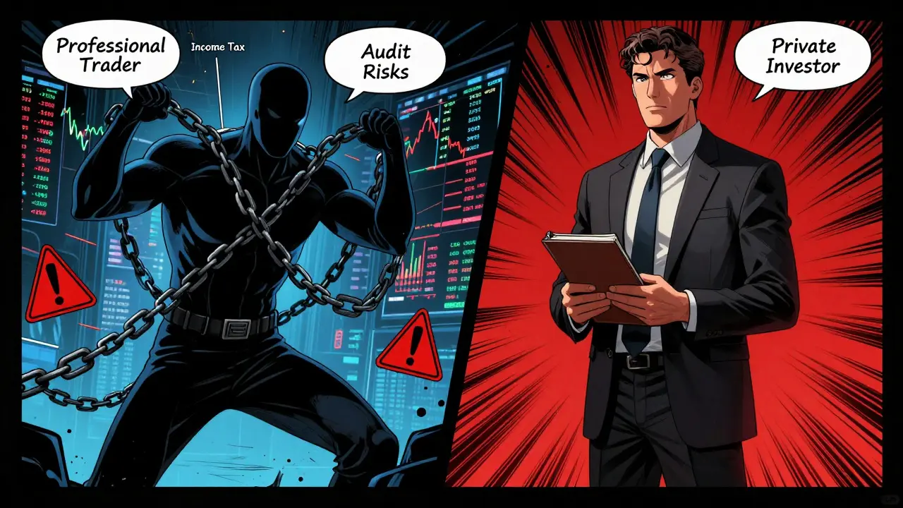 Comic panel contrasting professional trader taxes vs private investor exemptions