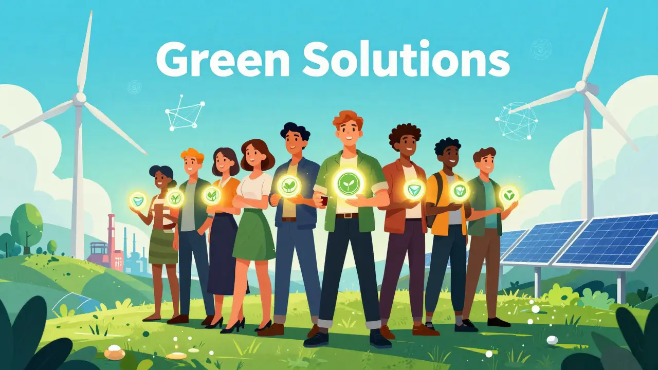Creators holding glowing eco-tokens on a green hill with wind turbines in background
