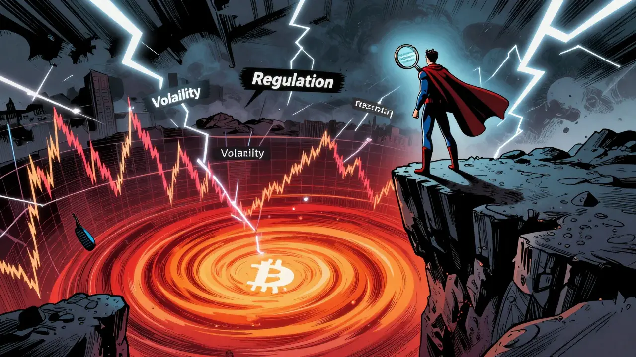 Crypto hero standing on volatile chart cliff facing market storm