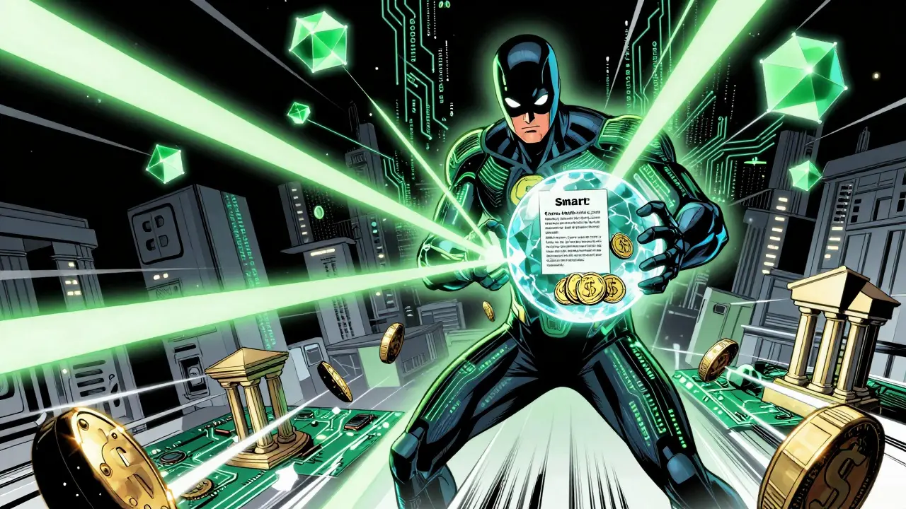 Digital superhero splitting coins fairly via smart contract on blockchain
