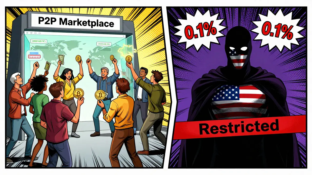 Global traders accessing P2P markets while a restricted zone blocks US users.