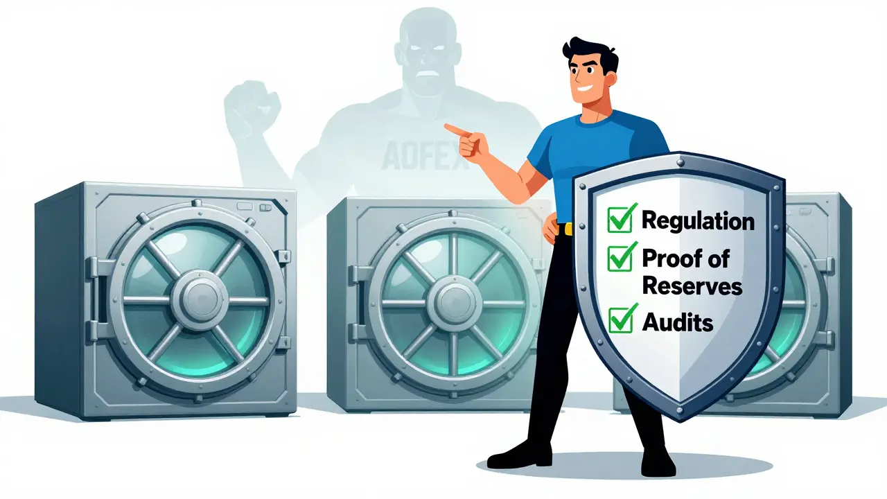 Hero stands by security shield pointing to safe exchanges while scam fades in background