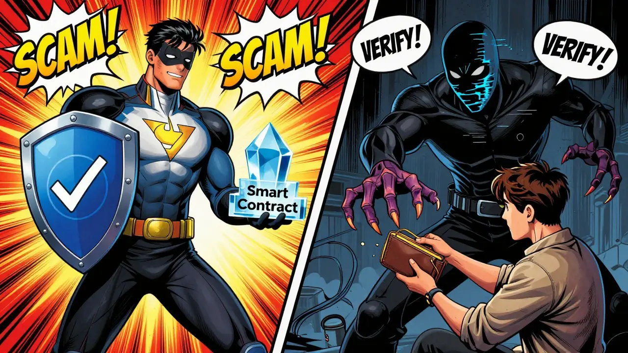 Heroic guardian vs phishing villain in comic style, illustrating crypto scam risks.