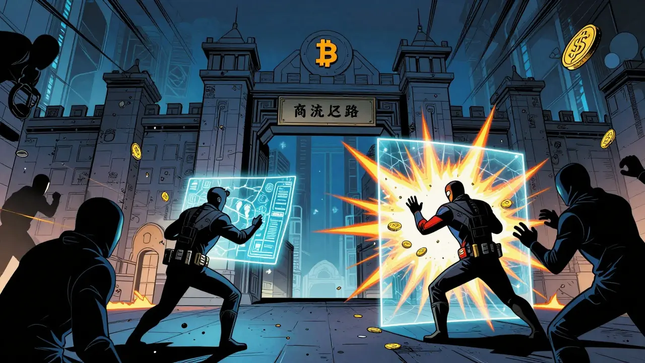 Heroic guardians defending a financial fortress from crypto crime shadows.