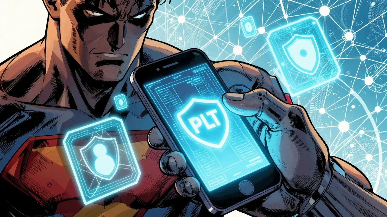 Heroic hand holding glowing PLT token with smart contract shields