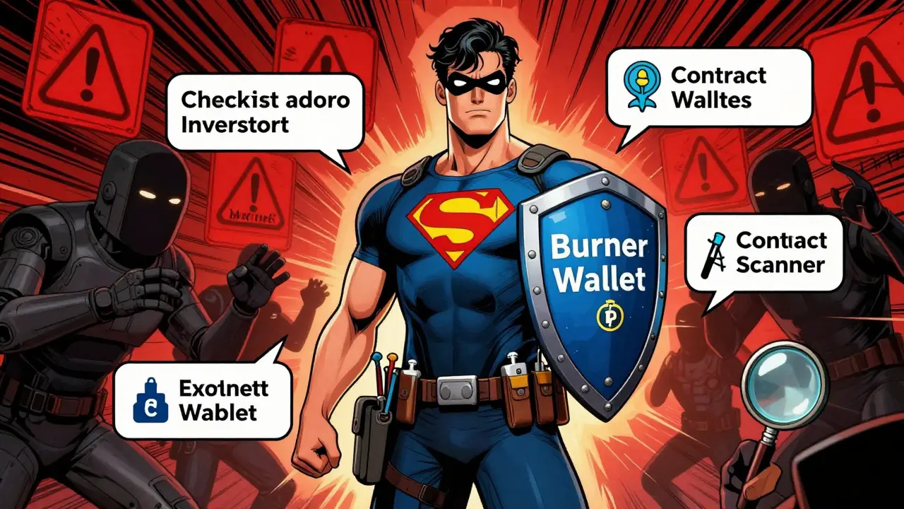 Heroic investor defending wallet with security tools against digital scammers