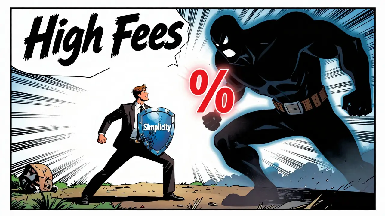 Investor facing high fee shadow in superhero comic art