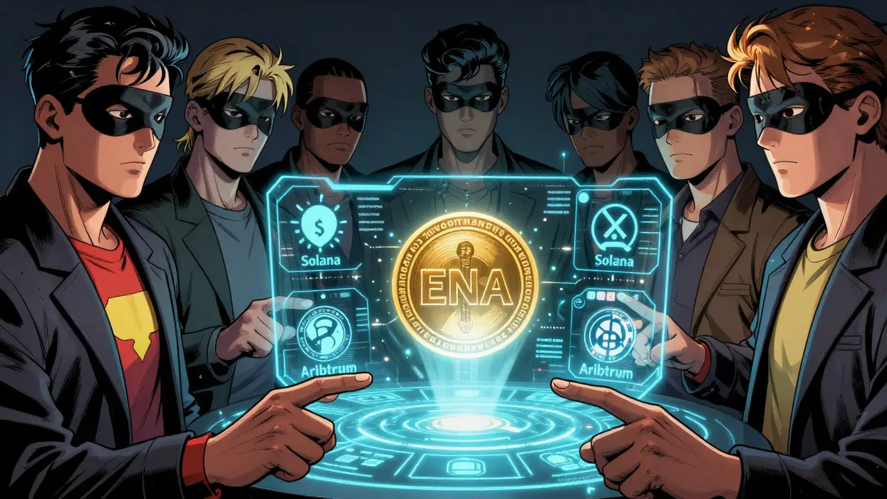 Masked crypto users voting with an ENA token on a holographic interface.