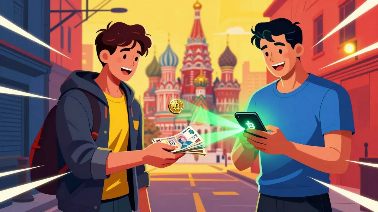 P2P crypto trade with cash and digital coins in comic art