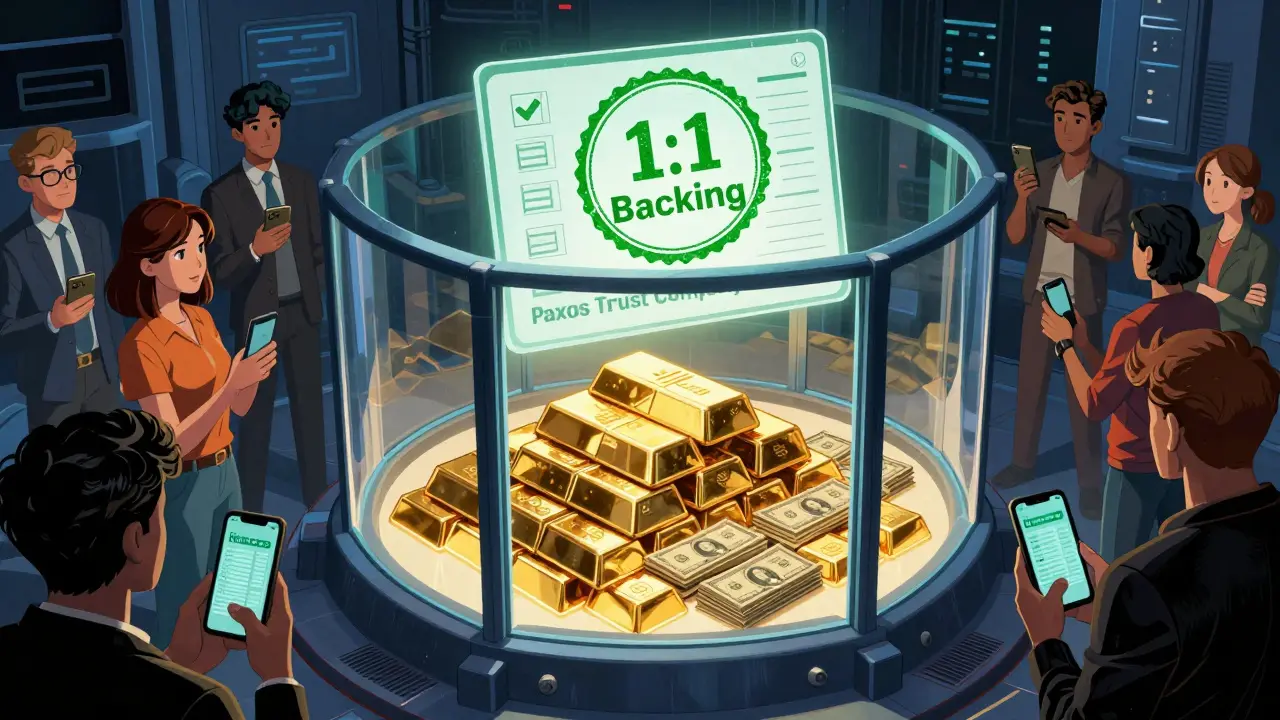 Secure digital vault holding US dollars backing PYUSD tokens in comic style.
