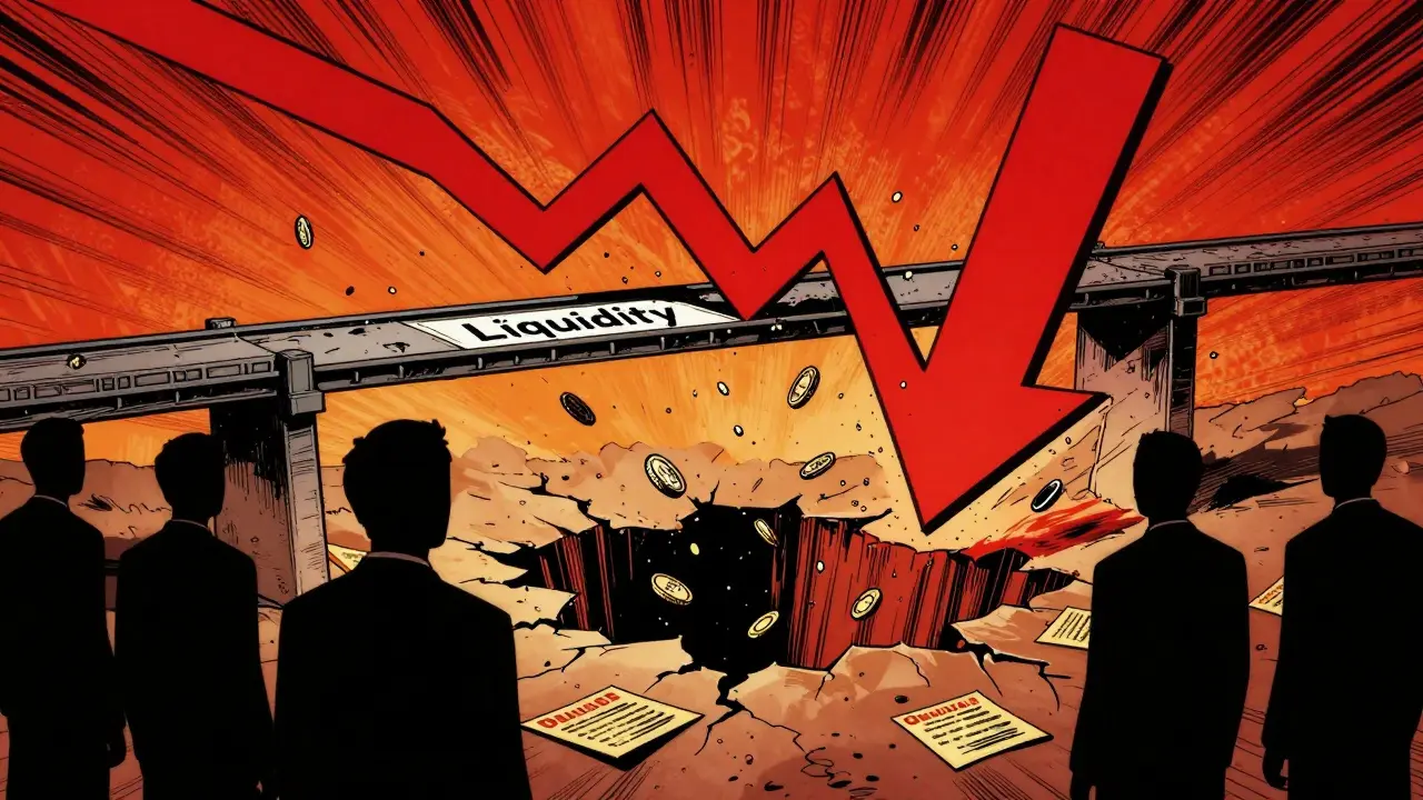 Shadowy figure near crashing liquidity bridge in comic style