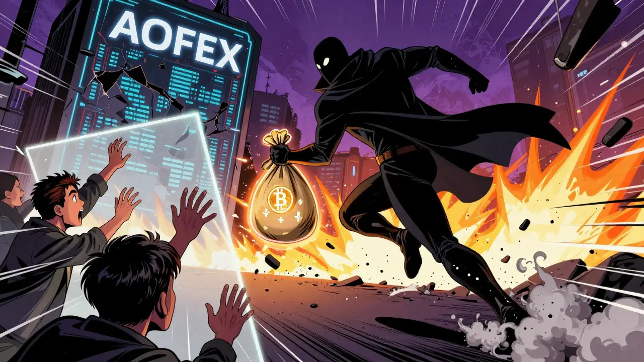 Shadowy villain flees with crypto bags as AOFEX exchange collapses in comic art
