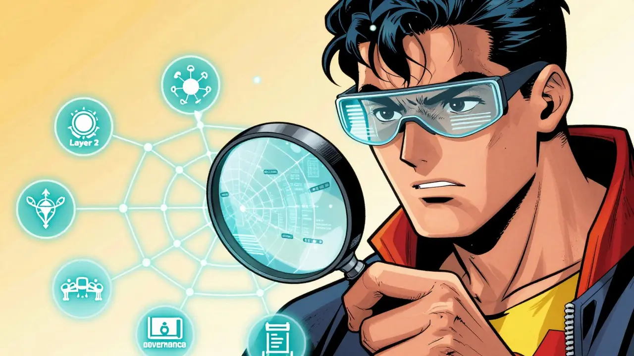 Superhero analyzing blockchain connections with tech glasses in comic book art.