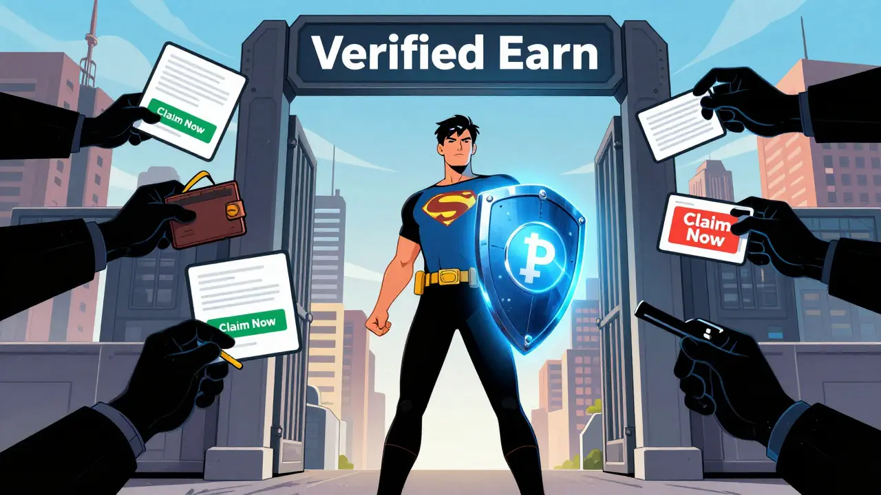 Superhero blocking malicious wallet drainers at a secure crypto verification gate.
