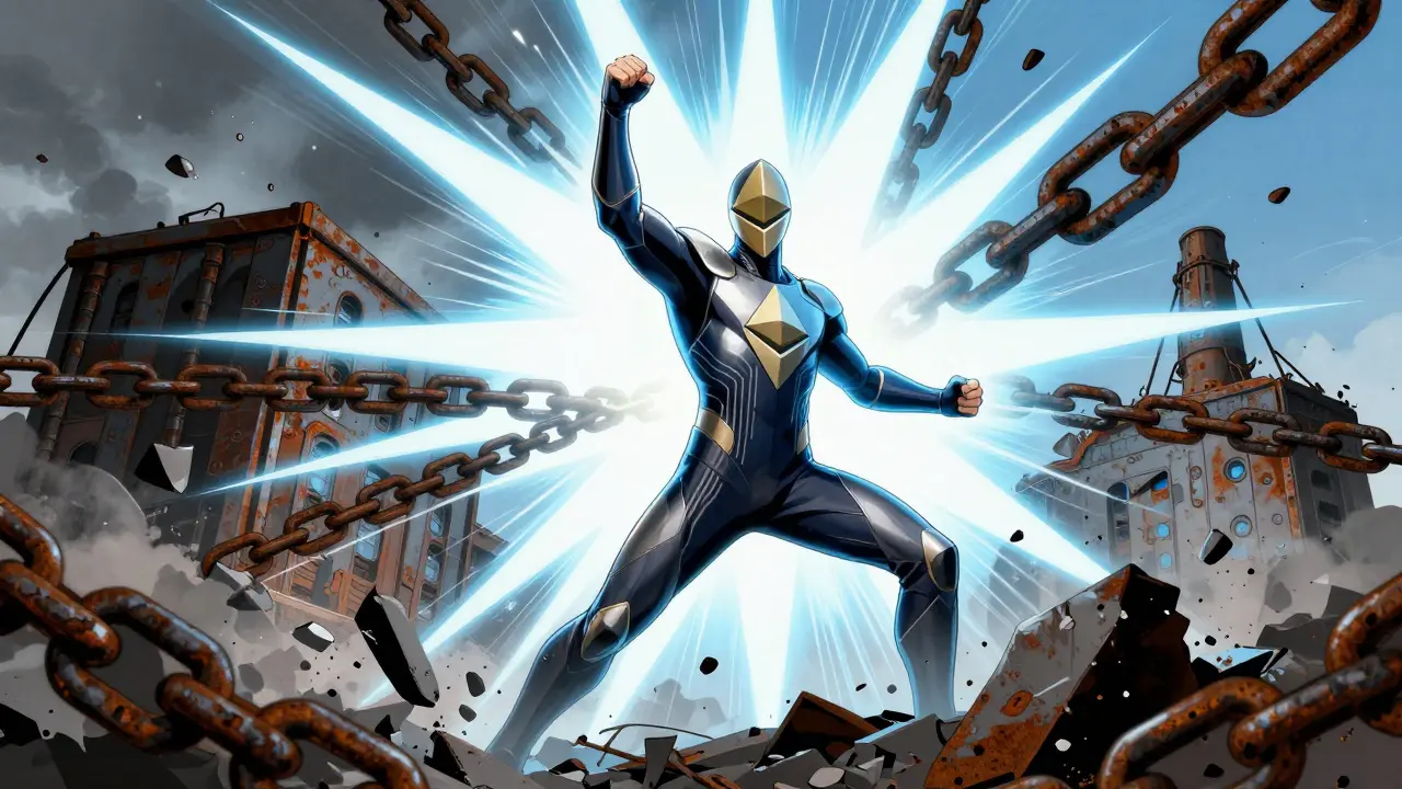 Superhero breaking chains of mining rigs, representing Ethereum's switch to green energy