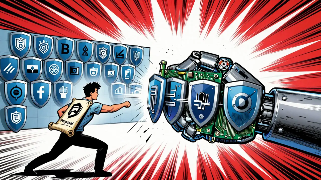 Superhero comic scene of community voting blocking a proposal