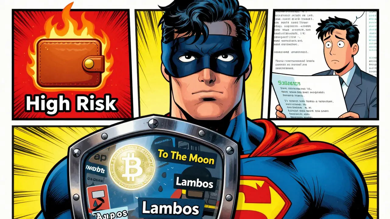Superhero comic showing the risks and irony of investing in anti-scam meme coins.