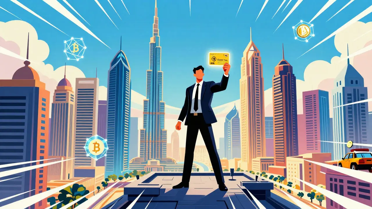 Superhero style image of a businessman in a bright crypto-friendly city
