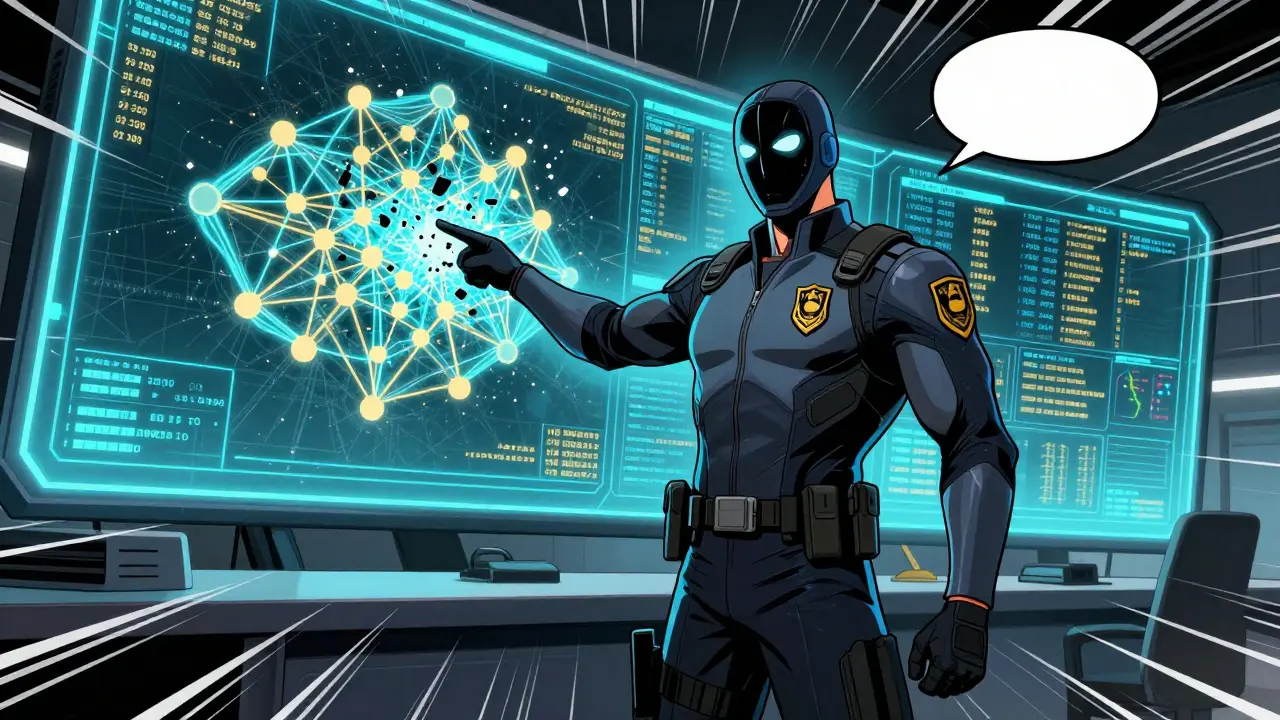 Superhero-style investigator analyzing blockchain data on holographic screens in a tech hub.