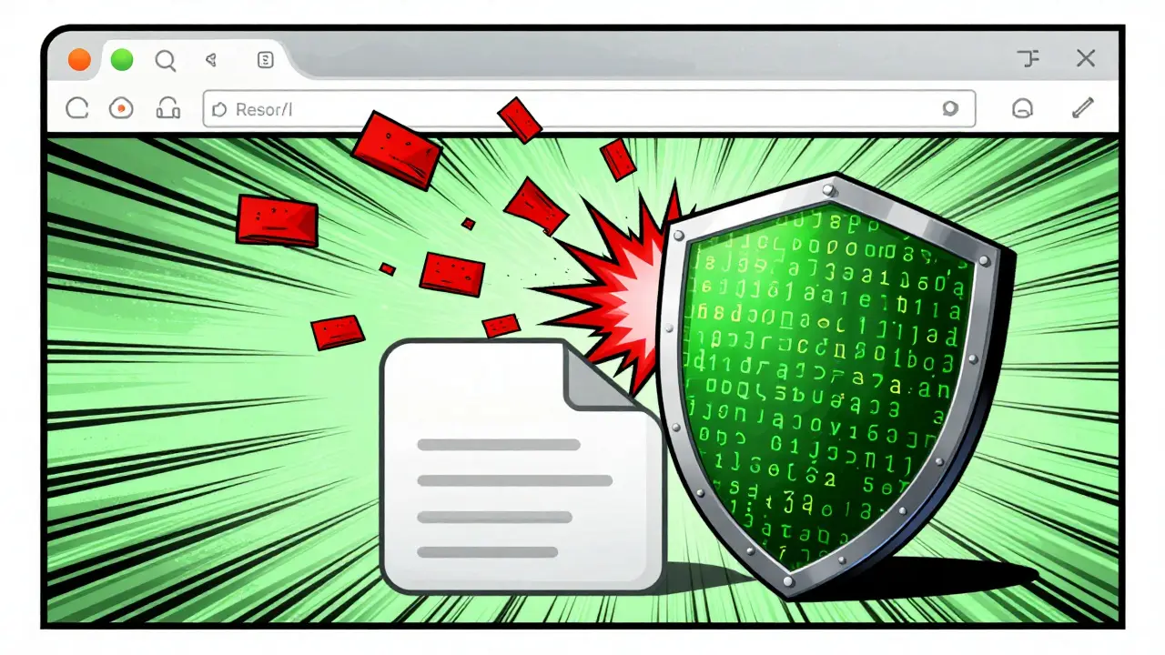 Superhero style shield blocking data upload in a browser window