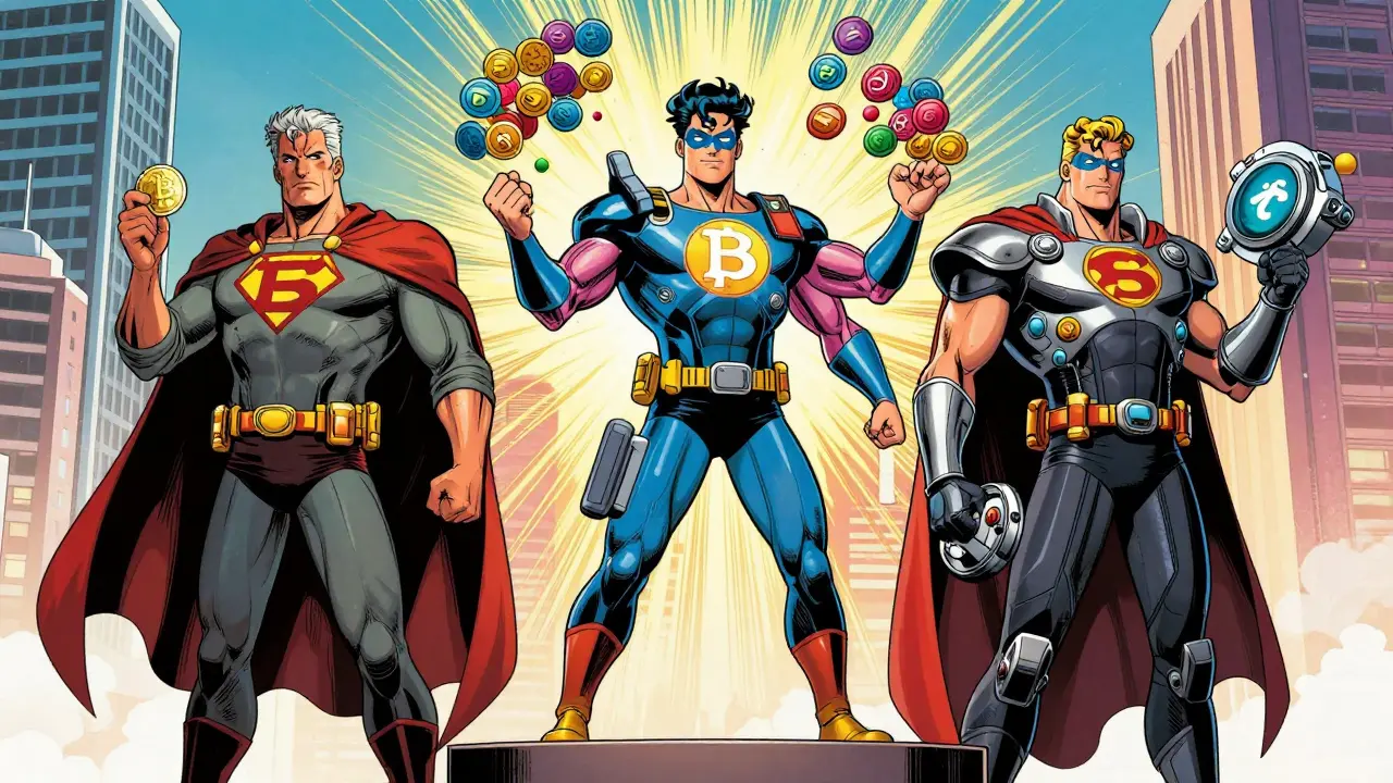 Three exchange heroes comparing assets in comic style