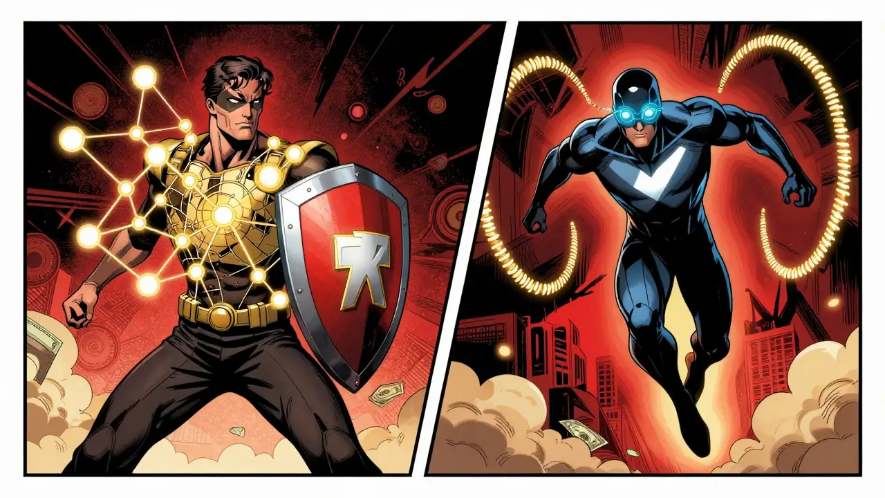 Two superheroes representing Chainalysis and Elliptic standing side by side.