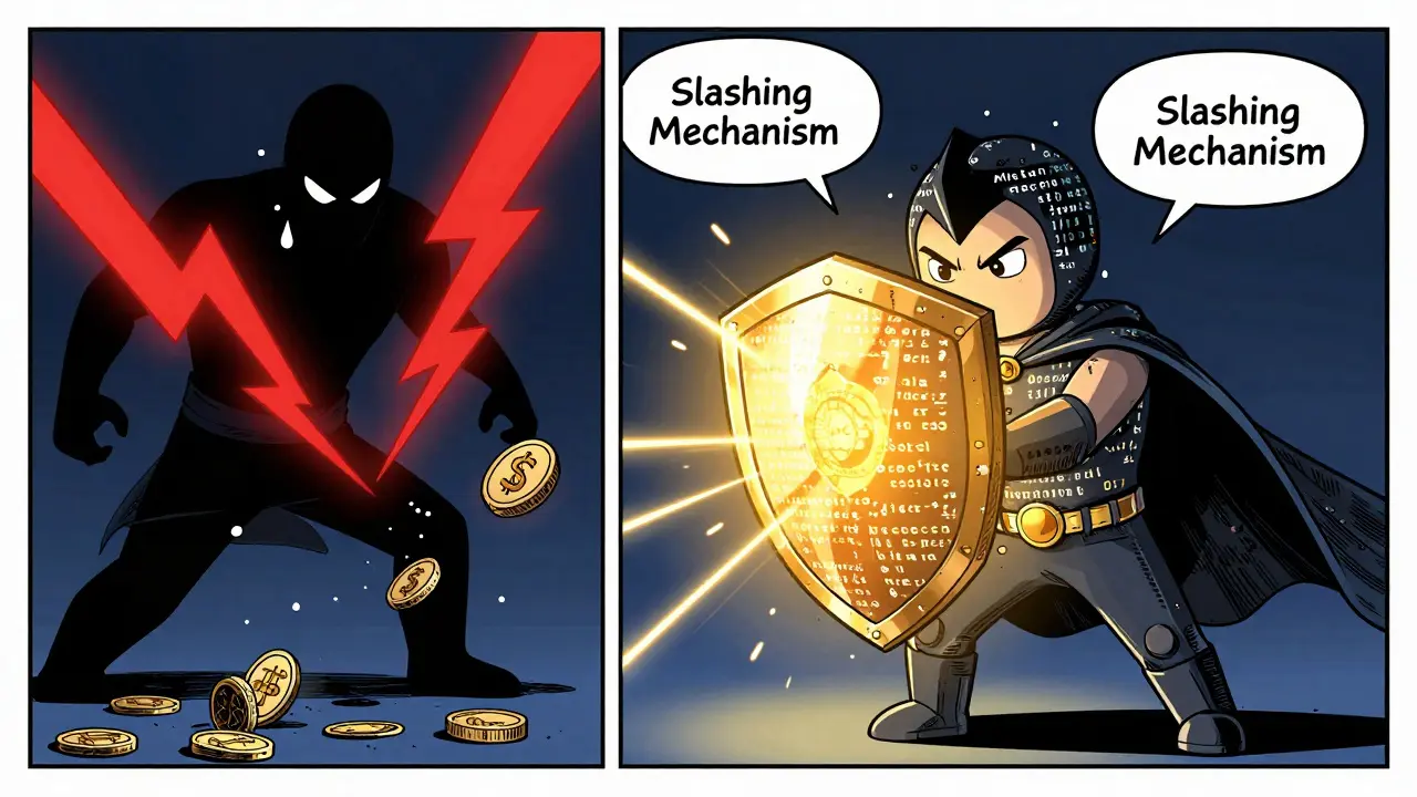 Validator hero using slashing shield to defeat an attacker in superhero comic style.