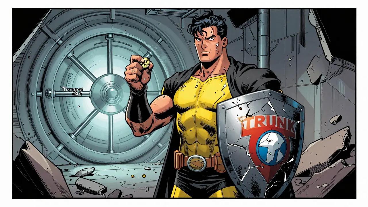 Battered TRUNK hero holding a small coin near a EMT vault