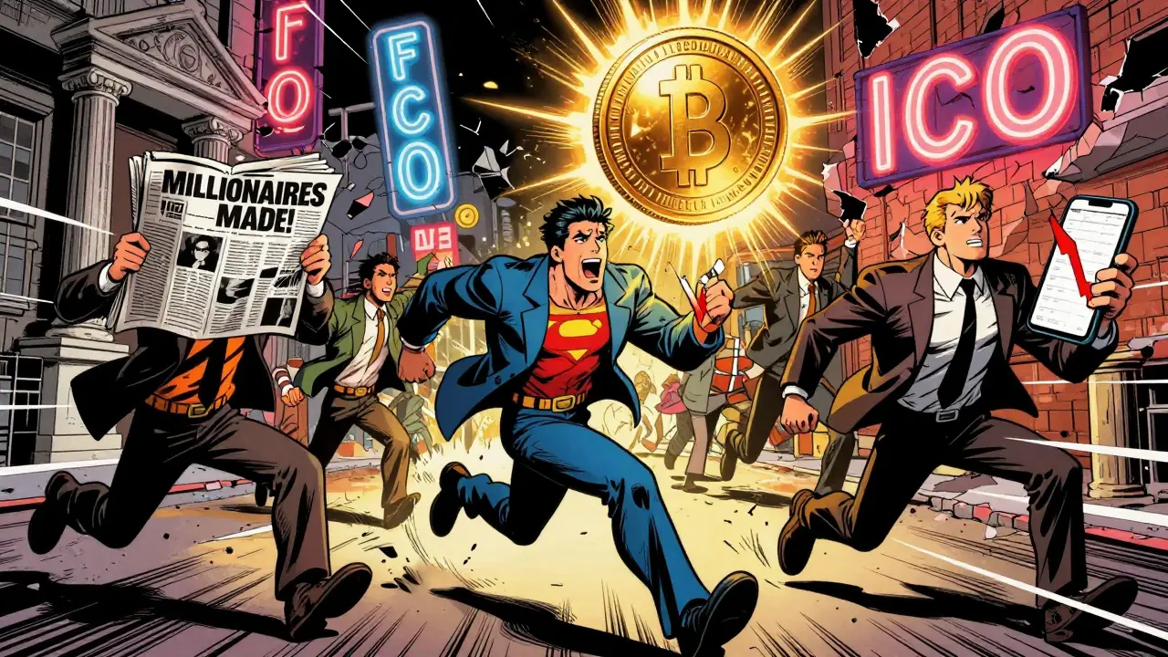 Chaotic comic scene of 2017 crypto mania and rushing crowds