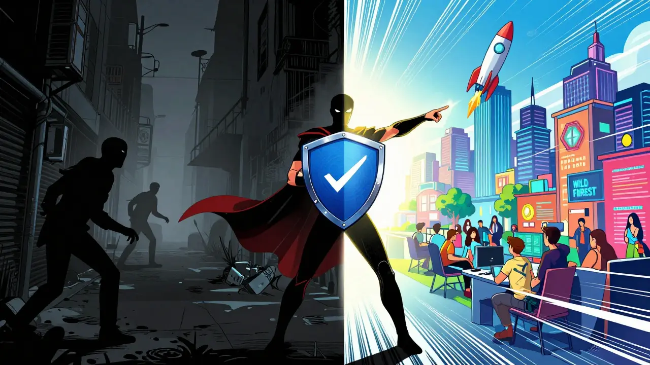 Comic art contrasting dangerous scam alleys with bright, active modern blockchain cities.