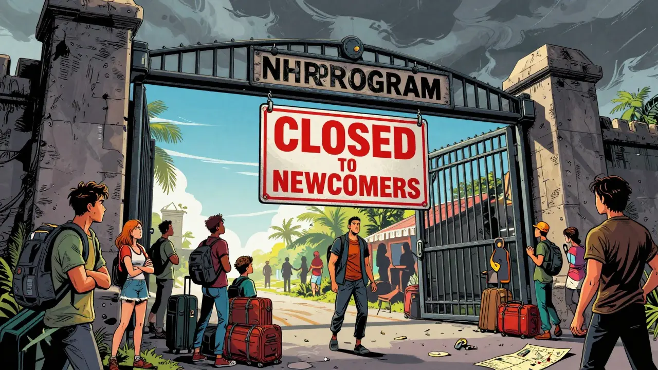 Comic art depicting the closed NHR program gate for new Portugal residents