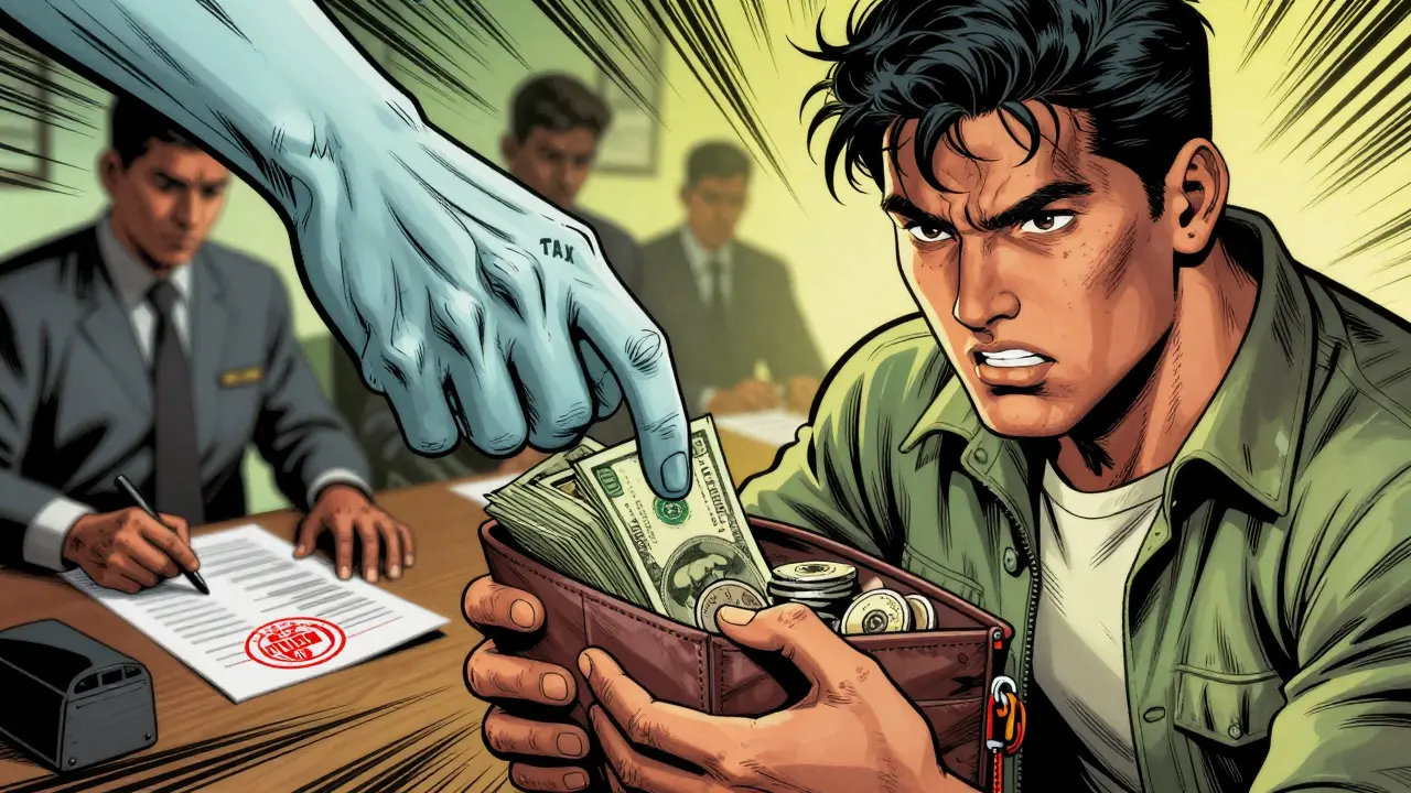 Comic art: Ghostly tax hand grabbing money from user's wallet