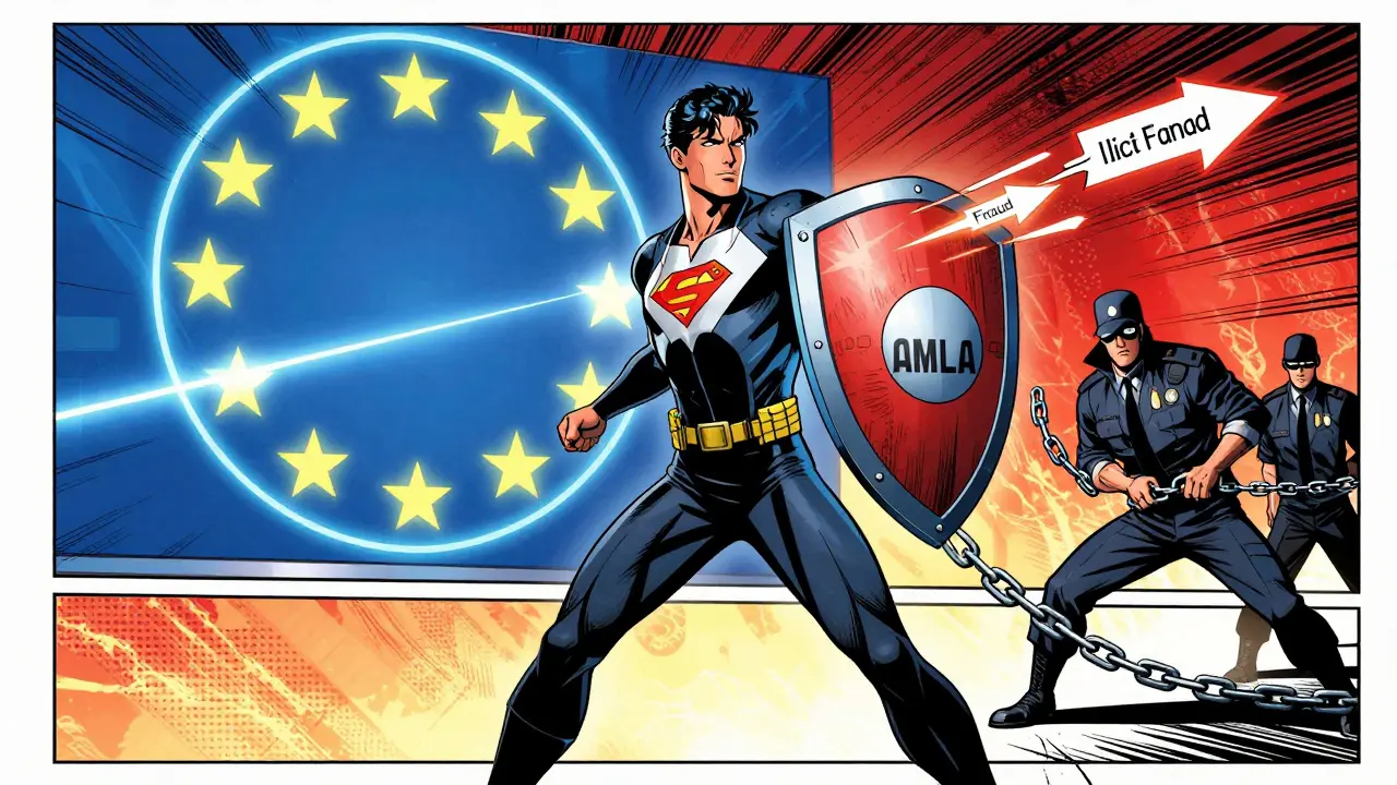 Comic art: Hero protected by regulatory shield against fraud