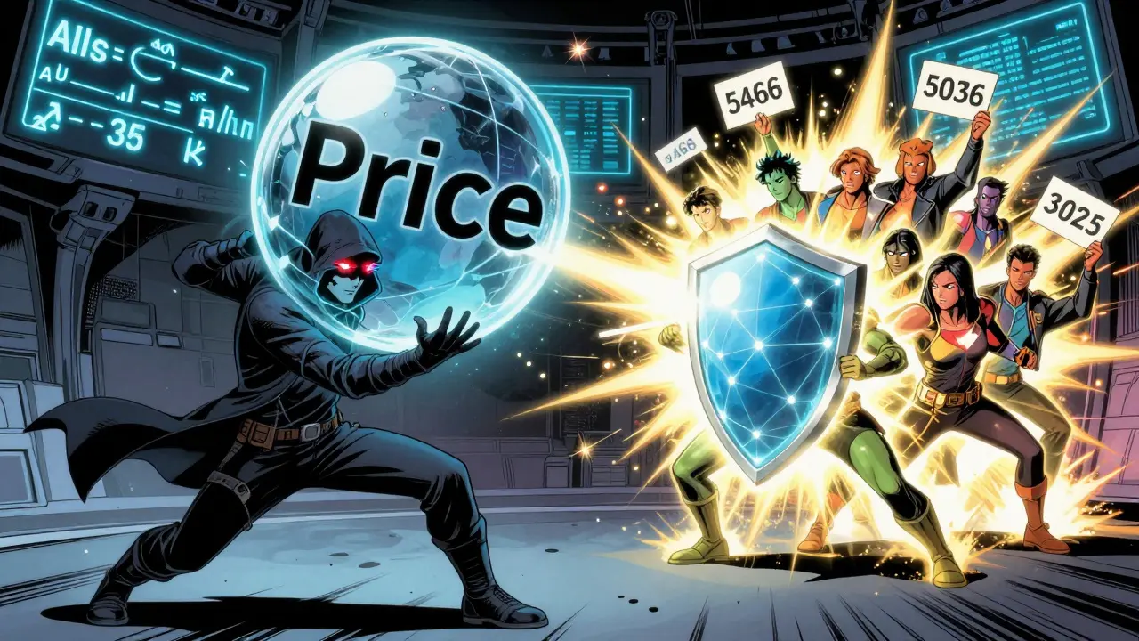 Comic art of hackers manipulating price vs decentralized nodes defending accurate data.