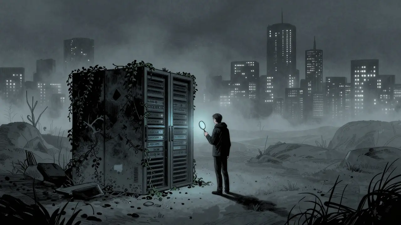 Comic art of investor inspecting dormant blockchain server in fog